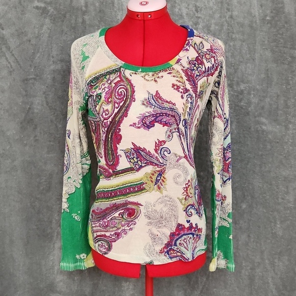 PASHMA Tops - Pashma 50% Silk 50% Cashmere Paisley Knit Sweater Green Purple Size XL